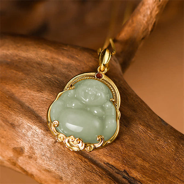 Buddha Stones 925 Sterling Silver Laughing Buddha Natural Hetian Jade Luck Prosperity Necklace Pendant Necklaces & Pendants BS 2