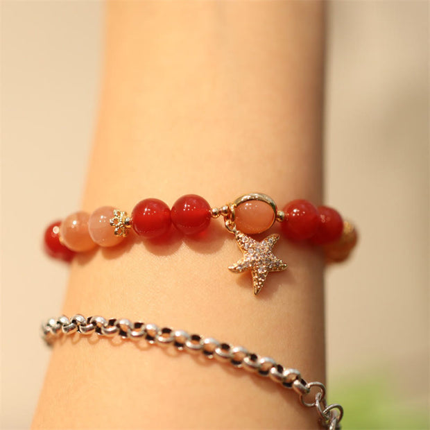Buddha Stones Sun Stone Peach Moonstone Red Agate Crystal Star Wealth Bracelet Bracelet BS 3