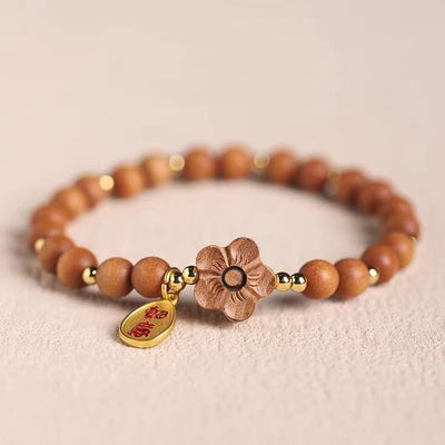 Buddha Stones Natural Sandalwood Peach Blossom Small Leaf Red Sandalwood Ruyi Charm Protection Bracelet