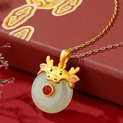 Buddha Stones 925 Sterling Silver Hetian Jade Chinese Zodiac Year of the Dragon Red Agate Luck Protection Necklace Pendant