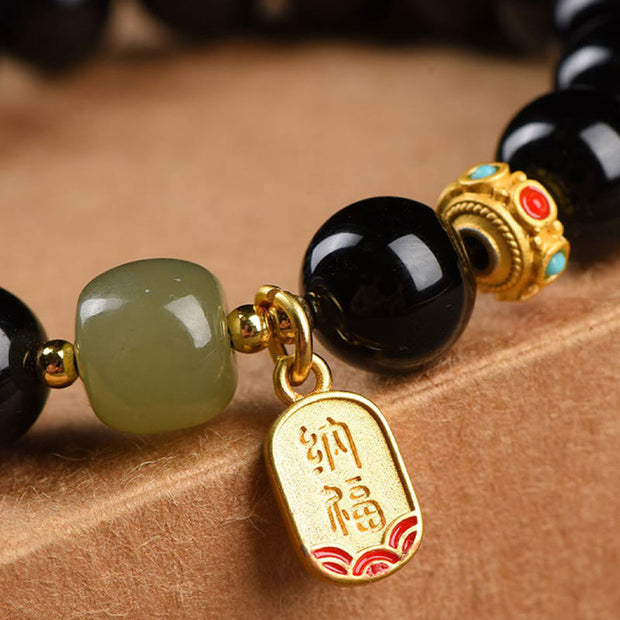 Buddha Stones Black Onyx Hetian Jade Bead Lucky Fortune Charm Bracelet Bracelet BS 8
