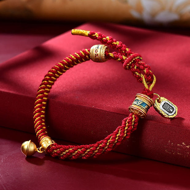 Buddha Stones Tibetan Om Mani Padme Hum Carved Zakiram Goddess of Wealth Charm Amulet Bracelet Bracelet BS Red Gold(Wrist Circumference 14-16cm)