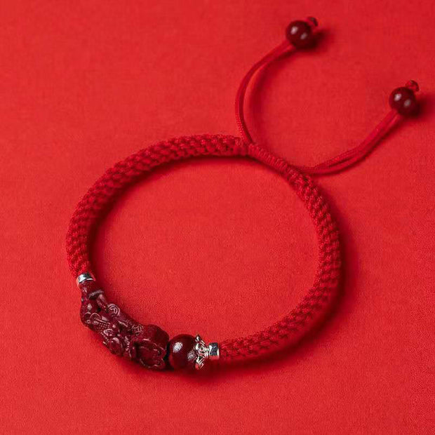 Buddha Stones Handcrafted PiXiu Cinnabar Wealth Luck Braided Bracelet Bracelet BS Red Adjustable Rope 17cm