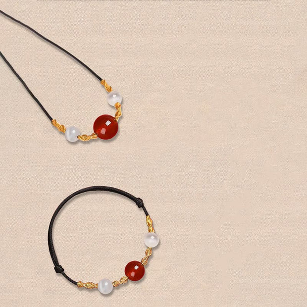 Buddha Stones Natural Red Agate Cat Eye Calm Braided String Bracelet Necklace Pendant Bracelet Necklaces & Pendants BS 11