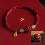 Buddha Stones Natural Cinnabar Chinese Zodiac Hetian Jade Fu Character Luck Rope Bracelet Bracelet BS Ox(Wrist Circumference 14-18cm)