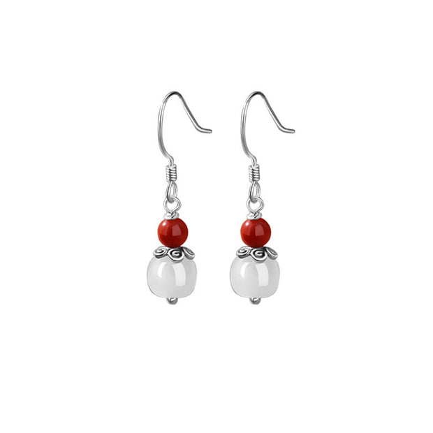 Buddha Stones 925 Sterling Silver Hetian White Jade Pumpkin Red Agate Luck Drop Earrings Earrings BS 6