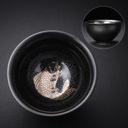 Buddha Stones Gold Leaf Chinese Jianzhan Dragon Phoenix Lotus Avalokitesvara Koi Fish Ceramic Teacup Tenmoku Kung Fu Tea Cup Bowl Jian Zhan Tea Cup BS 8.4cm*5cm*120ml Koi Fish