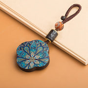Buddha Stones Hand-painted Four Leaf Clover Red Sandalwood Protection Healing Key Chain Decoration