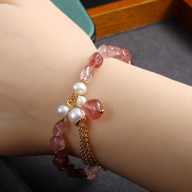 Buddha Stones Natural Strawberry Quartz Pearl 14k Gold Plated Love Healing Bracelet Bracelet BS 6
