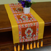 Buddha Stones Prayer Altar Mat Man-Bcu Kalachakra Endless Knot Vajra Tibetan Auspicious Symbols Tassels Table Runner