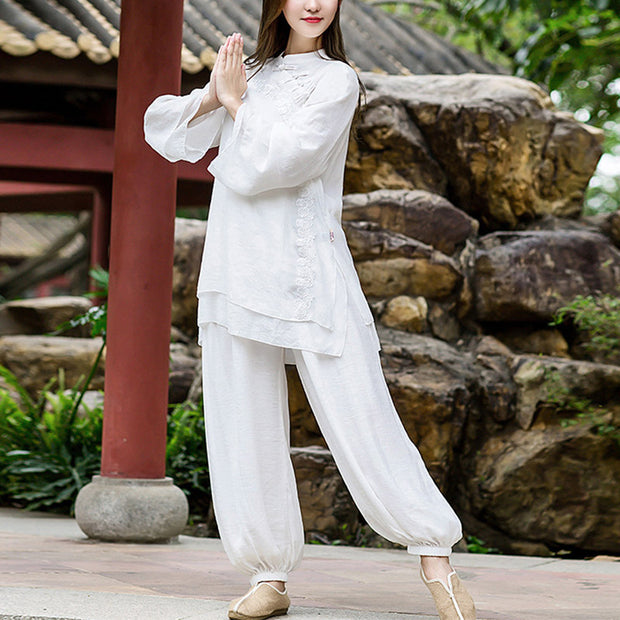 Buddha Stones 2Pcs White Flowers Yoga Clothing Meditation Clothing Top Pants Women's Set Clothes BS 1
