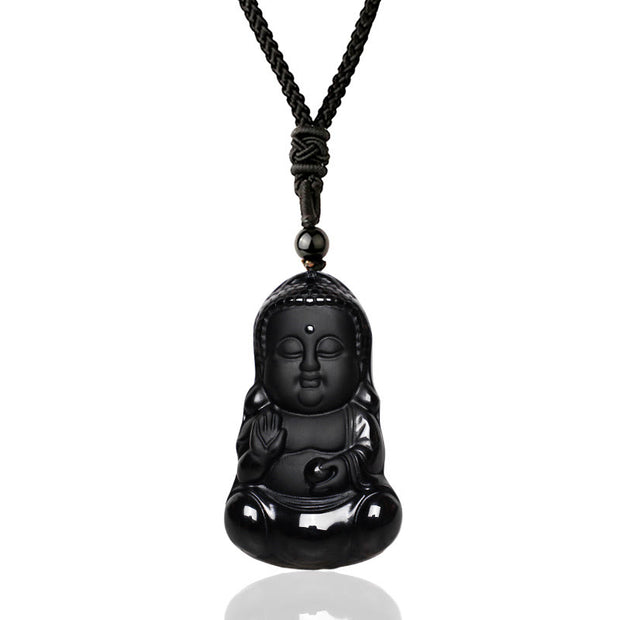 Buddha Stones Natural Black Obsidian Crystal Buddha Strength Protection Amulet Lucky Charm Pendant Necklace Necklaces & Pendants BS main