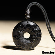 Buddha Stones Chinese Zodiac Natural Black Obsidian Peace Buckle Strength Necklace Pendant Necklaces & Pendants BS Rooster