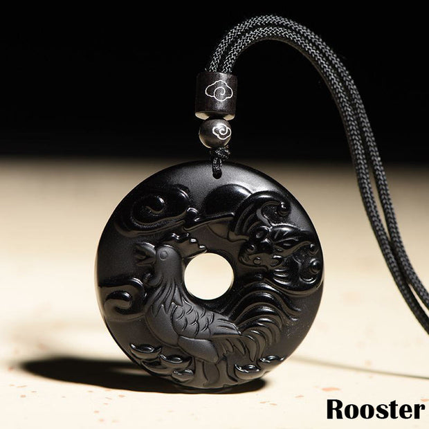 Buddha Stones Chinese Zodiac Natural Black Obsidian Peace Buckle Strength Necklace Pendant Necklaces & Pendants BS Rooster