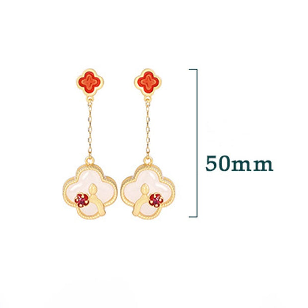 Buddha Stones 24K Gold Plated White Jade Four Leaf Clover Plum Blossom Luck Necklace Pendant Earrings Necklaces & Pendants BS 11
