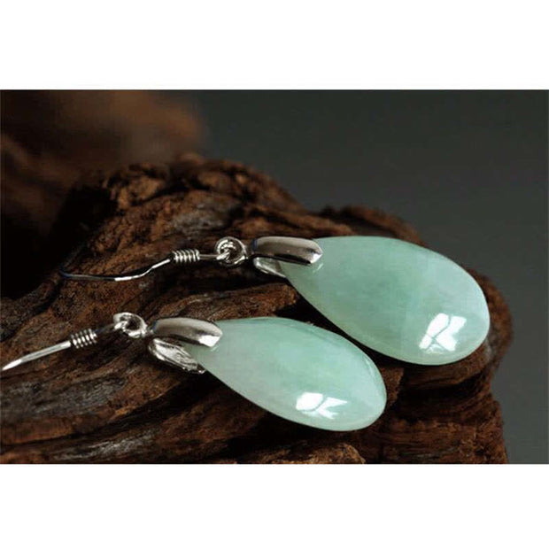 Buddha Stones 925 Sterling Silver Jade Water Drop Luck Dangle Earrings Earrings BS 5