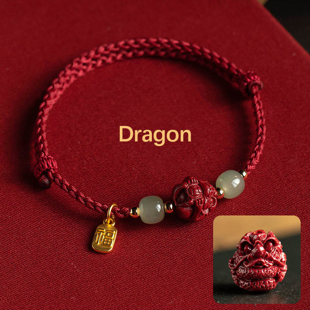 Buddha Stones Natural Cinnabar Chinese Zodiac Hetian Jade Fu Character Luck Rope Bracelet Bracelet BS Dragon(Wrist Circumference 14-18cm)