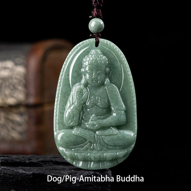 Buddha Stones Chinese Zodiac Natal Buddha Natural Jade Wealth Prosperity Necklace Pendant Necklaces & Pendants BS Dog/Pig-Amitabha Buddha