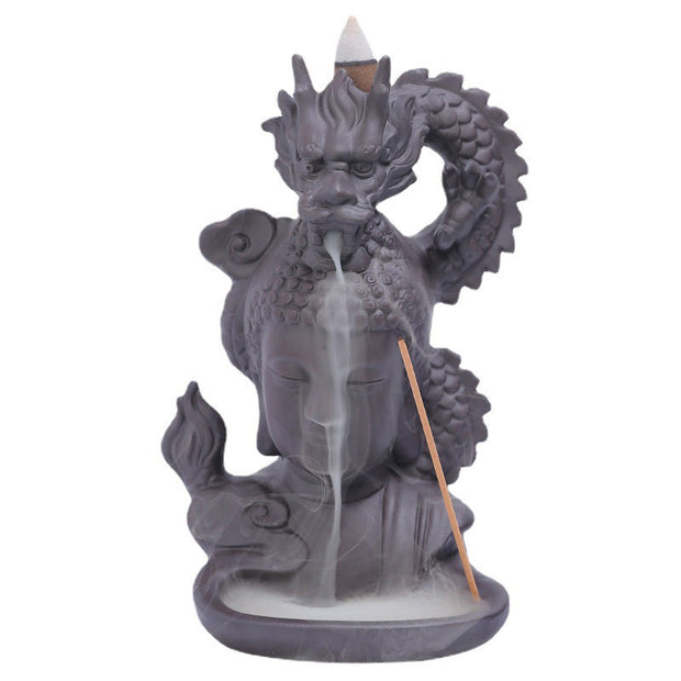 Buddha Stones Dragon Buddha Auspicious Clouds Purple Clay Healing Incense Burner Decoration