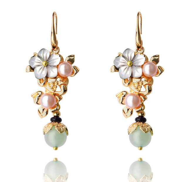 Buddha Stones 14K Gold Plated Tridacna Stone Flower Pearl Green Aventurine Bead Drop Earrings Earrings BS 6