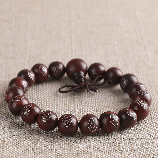 Buddha Stones 925 Sterling Silver Inlaid Small Leaf Red Sandalwood Om Mani Padme Hum Character Auspicious Clouds Protection Bracelet Bracelet BS 10mm
