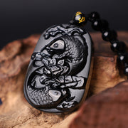 Buddha Stones Natural Black Obsidian Koi Fish Lotus Strength Beaded Necklace Pendant Necklaces & Pendants BS 4