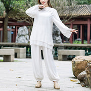 Buddha Stones 2Pcs White Flowers Yoga Clothing Meditation Clothing Top Pants Women's Set