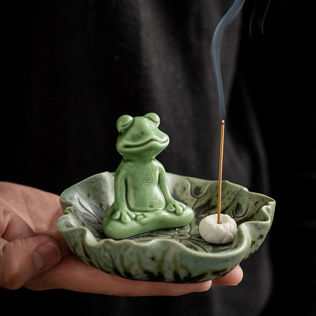 Buddha Stones Leaf Meditation Frog Pattern Healing Ceramic Incense Burner Decoration Incense Burner BS 1