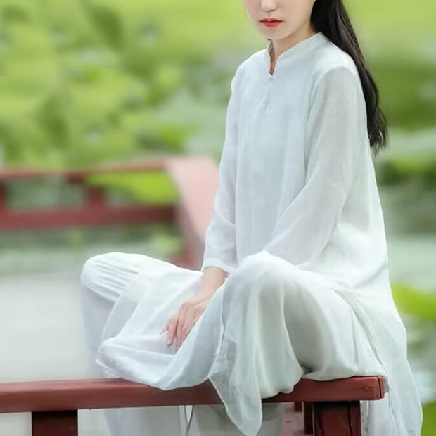 Buddha Stones 2Pcs White Tai Chi Meditation Yoga Zen Cotton Linen Clothing Top Pants Women's Set Clothes BS 10
