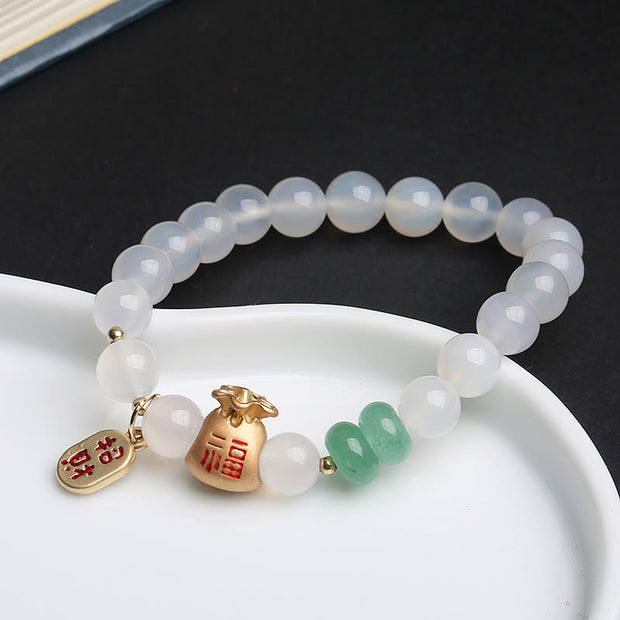 Buddha Stones Natural White Agate Red Agate Money Bag Fu Character Four Leaf Clover Protection Bracelet