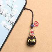 Buddha Stones Ebony Wood Lucky Cat Auspicious Cloud Peace Key Chain Phone Hanging Decoration Key Chain BS 8