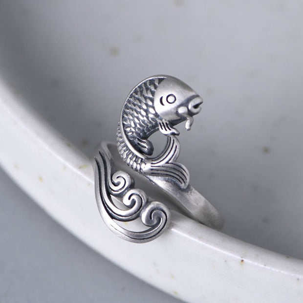 Buddha Stones 925 Sterling Silver Koi Fish Water Ripple Luck Wealth Ring Ring BS 6