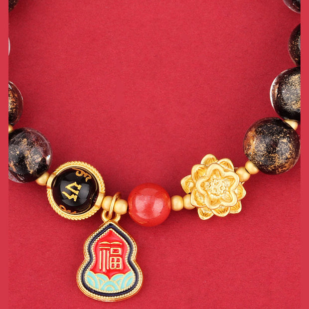 Buddha Stones Tibet Om Mani Padme Hum Fu Character Gourd Charm Lotus Liuli Glass Bead Luck Bracelet Bracelet BS 2