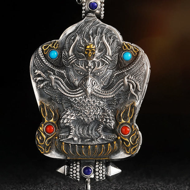 Buddha Stones 925 Sterling Silver Tibet Garuda Bird Red Agate Lazurite Turquoise Protection Ghau Prayer Box Necklace Pendant Necklaces & Pendants BS 6
