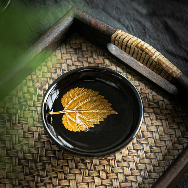 Buddha Stones Gold Maple Leaf Chinese Jianzhan Ceramic Teacup Tenmoku Kung Fu Tea Cup Bowl
