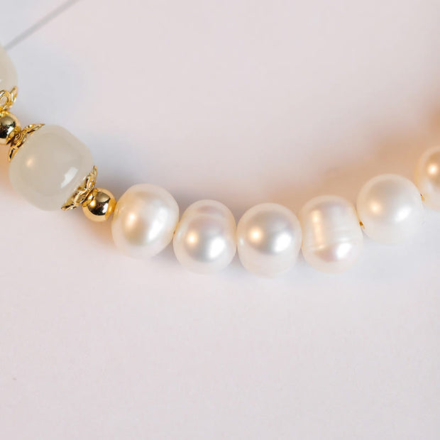 Buddha Stones 14K Gold Plated Natural Pearl Hetian Cyan Jade White Jade Sincerity Bead Chain Bracelet Bracelet BS 16