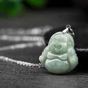 Buddha Stones 925 Sterling Silver Laughing Buddha Jade Blessing Necklace Chain Pendant Necklaces & Pendants BS 5