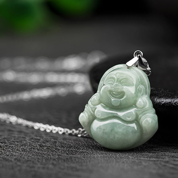 Buddha Stones 925 Sterling Silver Laughing Buddha Jade Blessing Necklace Chain Pendant Necklaces & Pendants BS 5