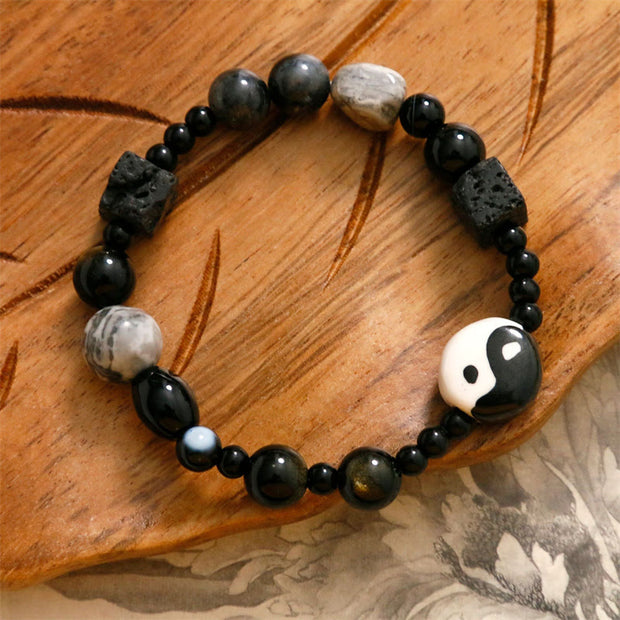 Buddha Stones Black Onyx Picasso Jasper Bead Yin Yang Fortune Protection Bracelet Bracelet BS 2