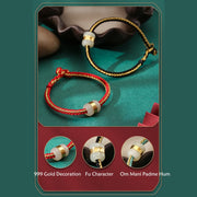 Buddha Stones 999 Gold Hetian White Jade Om Mani Padme Hum Fu Character Luck Braided Bracelet Bracelet BS 12