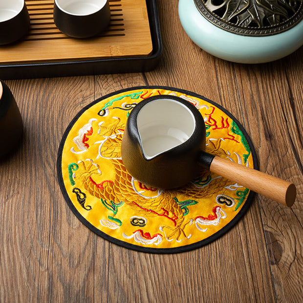 Buddha Stones Dragon Embroidery Cup Mat Pad Tea Cup Coaster Kung Fu Tea Mat Tea Mat BS Yellow Dragon