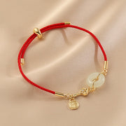 Buddha Stones 18K Gold Plated Hetian Jade Peace Buckle Fu Character Luck Red Rope Bracelet Bracelet BS 2