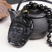 Buddha Stones Natural Black Obsidian Kwan Yin Avalokitesvara Strength String Necklace Pendant Necklaces & Pendants BS 5