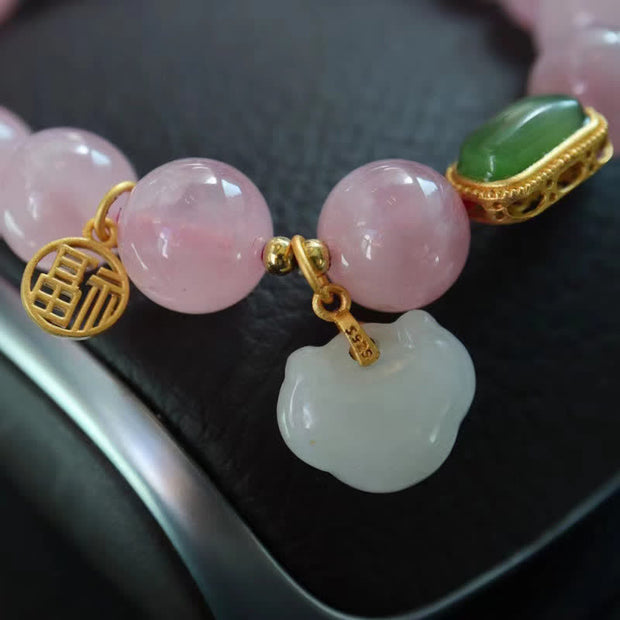 Buddha Stones 925 Sterling Silver Natural Madagascar Rose Quartz Hetian Jade Wish Lock Peace Bracelet Bracelet BS 5
