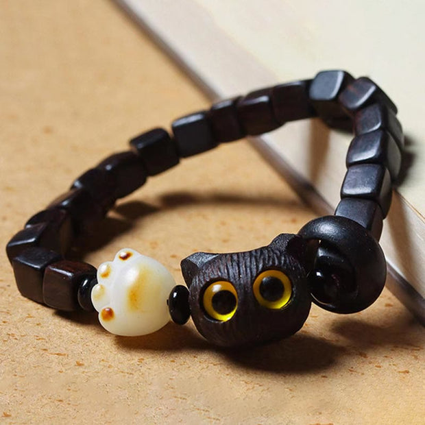Buddha Stones Ebony Wood Cute Cat Bodhi Seed Paw Claw Square Beads Calm Bracelet Bracelet BS 2