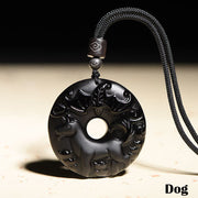 Buddha Stones Chinese Zodiac Natural Black Obsidian Peace Buckle Strength Necklace Pendant Necklaces & Pendants BS Dog