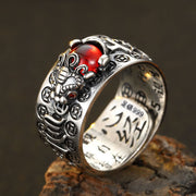 Buddha Stones FengShui PiXiu Red Garnet Heart Sutra Wealth Ring Ring BS Silver