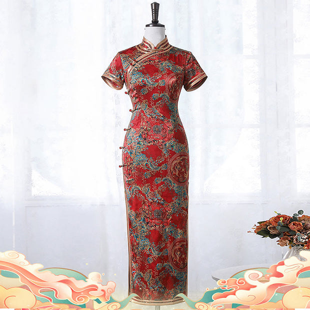 Buddha Stones Red Dragon Phoenix Pattern Cheongsam Dress Women's Qipao Dress