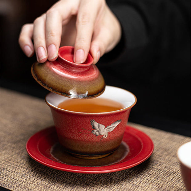 Buddha Stones Red Auspicious Crane Ceramic Gaiwan Sancai Teacup Kung Fu Tea Cup And Saucer With Lid