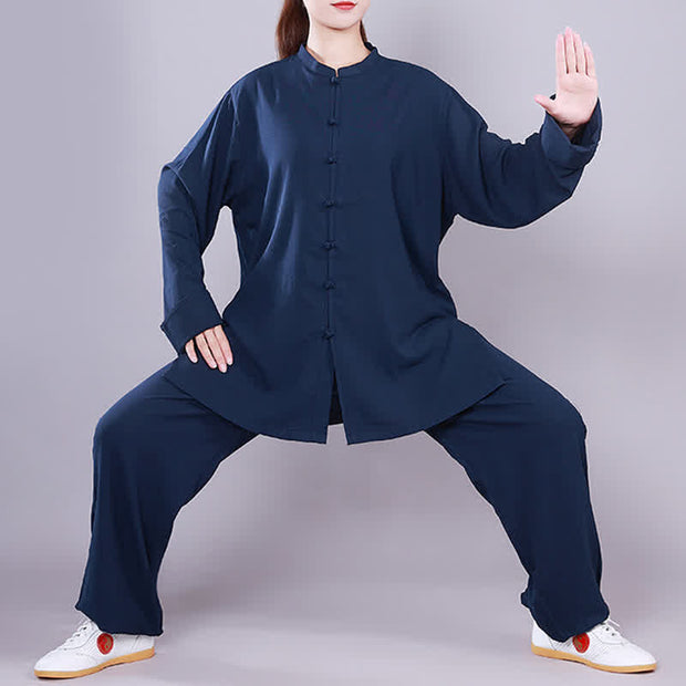 Buddha Stones Tai Chi Qigong Meditation Prayer Spiritual Zen Practice Unisex Cotton Linen Clothing Set Clothes BS Navy Blue Long Sleeve XXXL